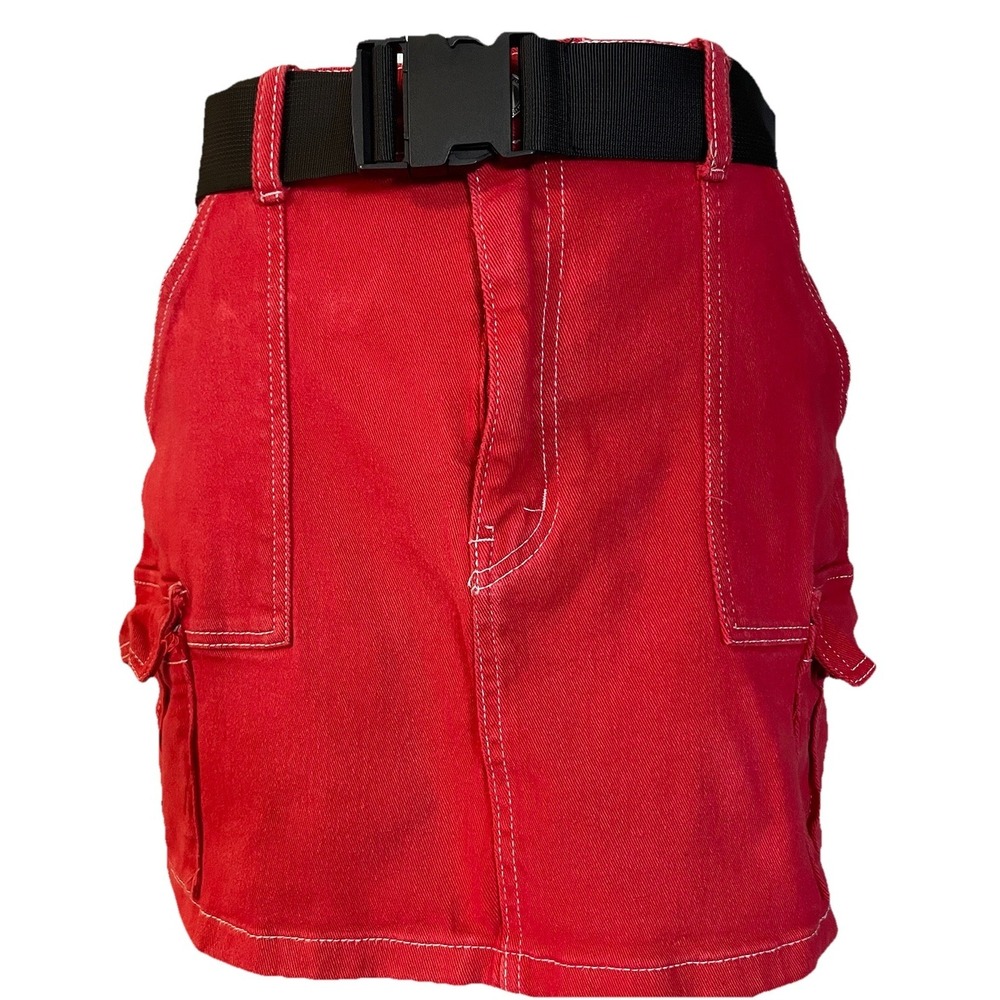 Vtg 80s Kreamy Cargo Mini Jean Skirt XL Belted Red Denim Pockets Disco Hipster